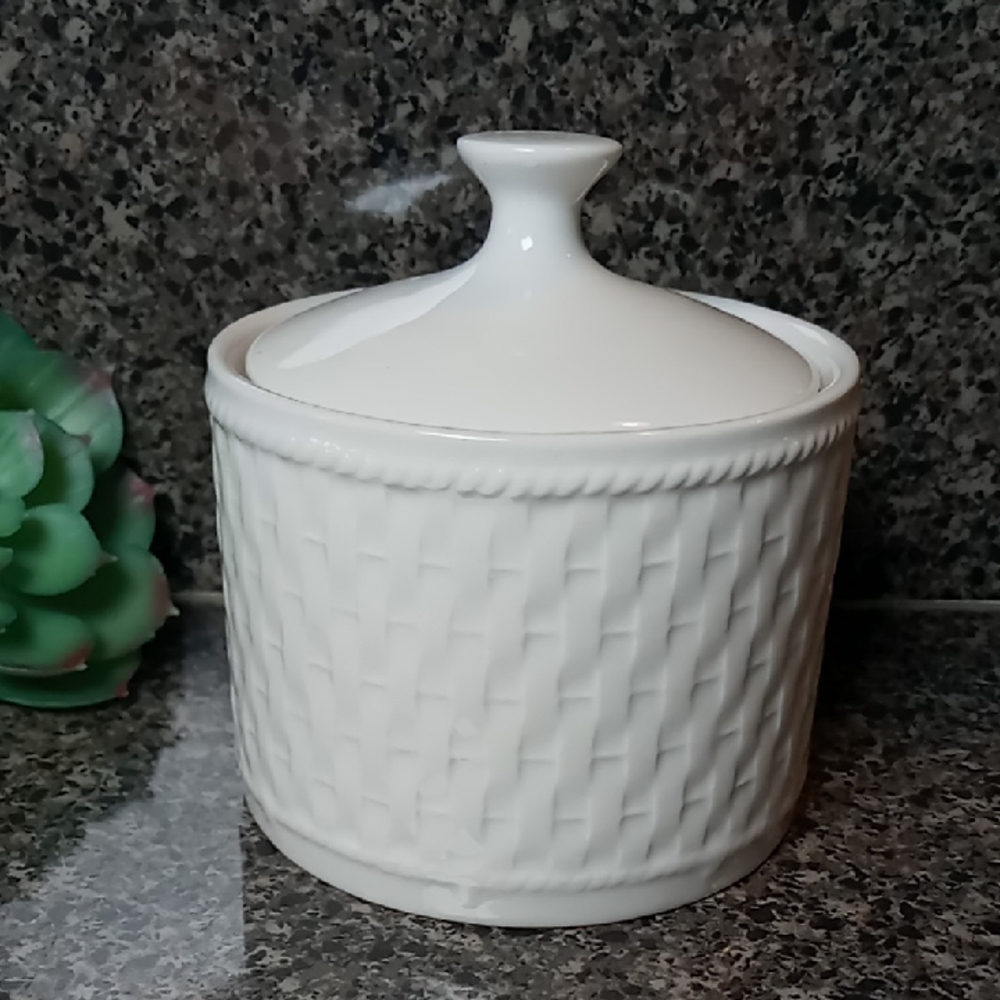 Wicker By Oneida White Stoneware Sugar Bowl-Cotton Balls-Trinket Bowl With Lid